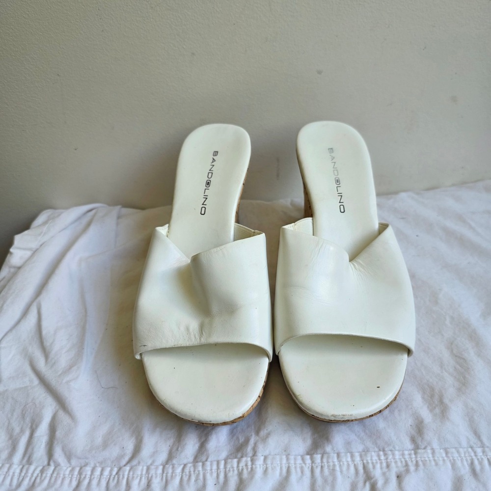 Bandolino White Leather Cork Wedge Sandals Y2K Slides Womens 7.5M Feminine